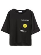Romwe Black Smile Letters Print Dip Hem Cuffed T-shirt