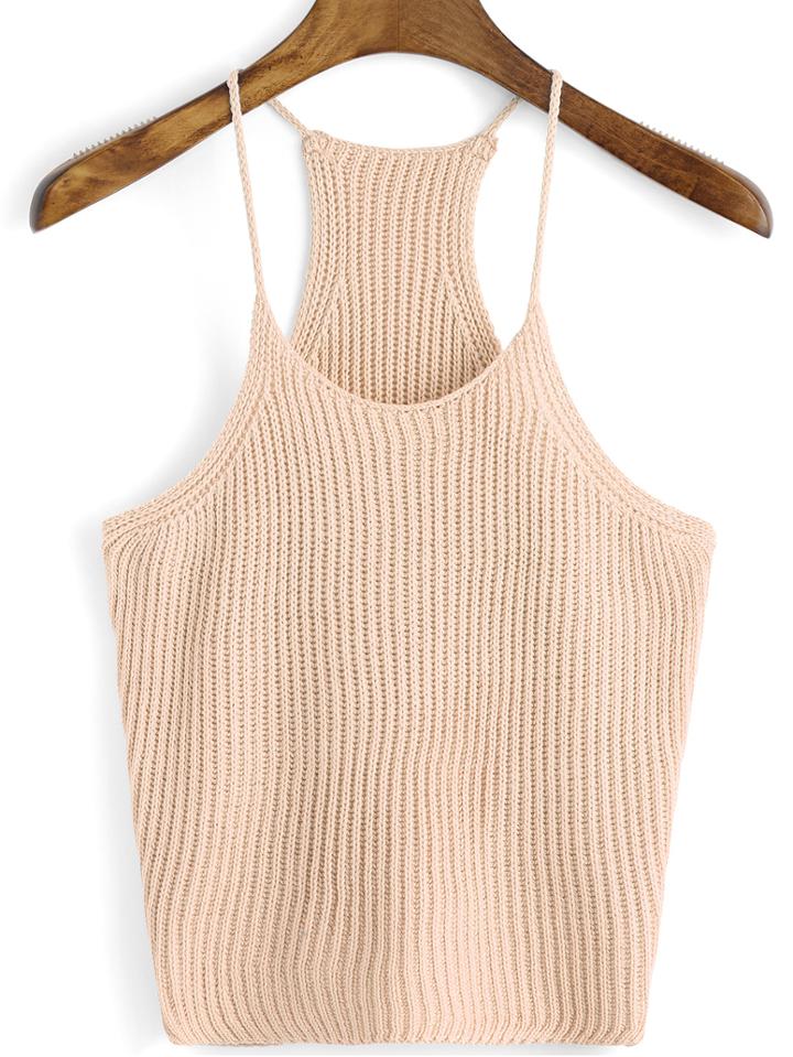 Romwe Spaghetti Strap Knit Pale Coffee Cami Top