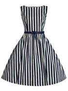 Romwe Blue Vertical Striped Flare Dress With Belt