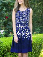 Romwe Blue Front Tie Geometric Print Dress