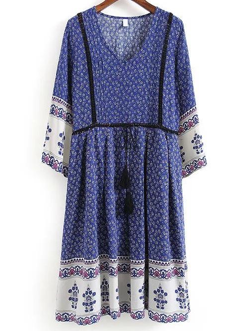 Romwe V Neck Aztec Print Fringe Dress