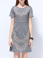 Romwe Grey Round Neck Short Sleeve Embroidered Dress