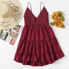 Romwe Contrast Lace Knot Back Ruffle Hem Cami Dress