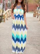 Romwe Grey Chervon Printed Tube Maxi Dress