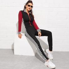 Romwe Zip Front Gingham Tape Jumpsuit
