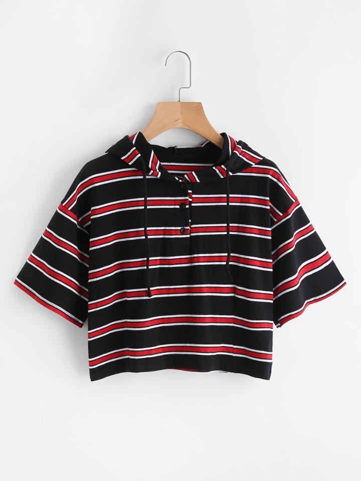 Romwe Drop Shoulder Drawstring Striped Hoodie