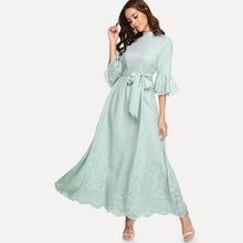Romwe Scalloped Laser Cut Self Belted Maxi Dress