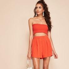 Romwe Shirred Bandeau Top And Pleated Shorts Set