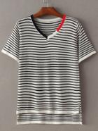 Romwe Black And White V Neck Stripe Dipped Hem T-shirt