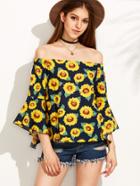 Romwe Sunflower Print Bell Sleeve Off The Shoulder Top