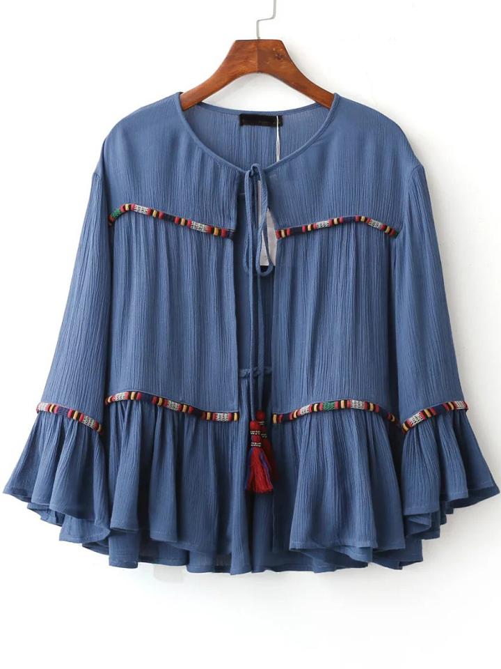 Romwe Blue Ruffle Detail Tie Front Blouse