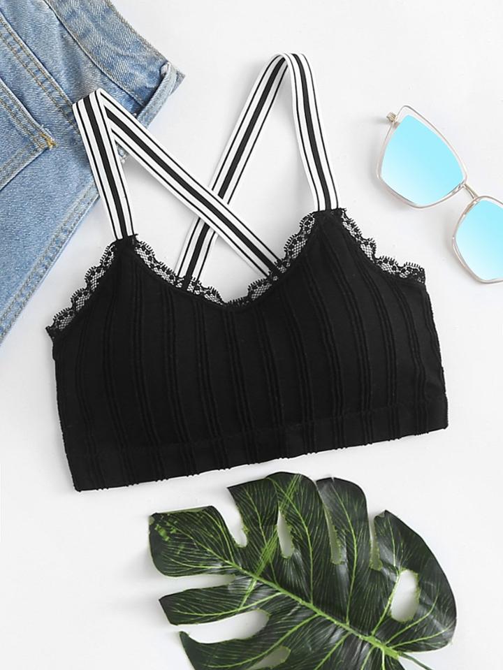 Romwe Lace Trim Criss Cross Back Crop Top