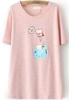 Romwe Toaster Print Loose Pink T-shirt