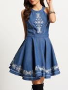 Romwe Denim Blue Halter Neck Embroidered Pleated Dress