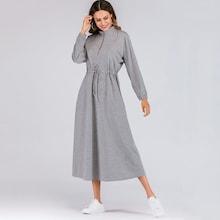 Romwe Drawstring Waist Zip Front Bishop Sleeve Dress