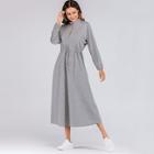 Romwe Drawstring Waist Zip Front Bishop Sleeve Dress