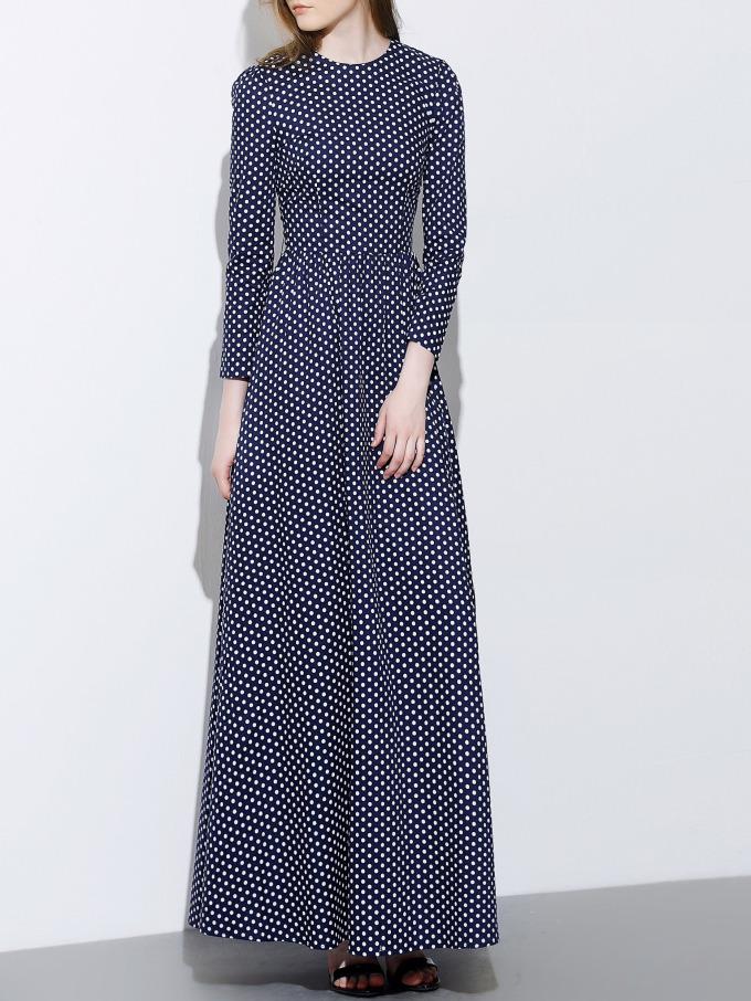 Romwe Navy Round Neck Length Sleeve Polka Dot Dress