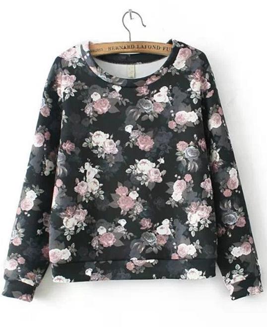 Romwe Floral Print Crop Loose Sweatshirt