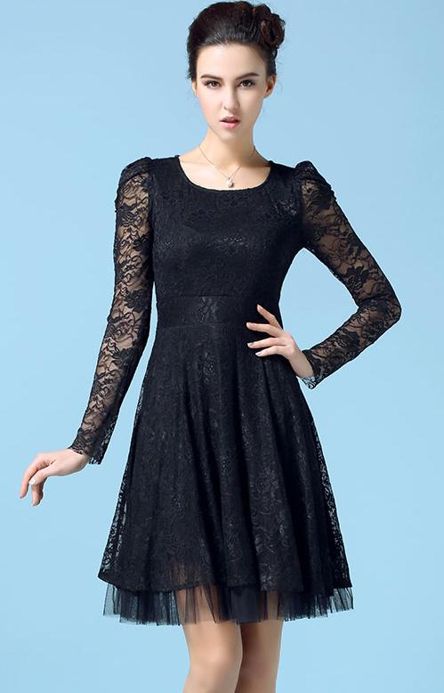 Romwe Sheer Mesh Lace Pleated Dress