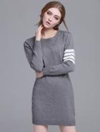 Romwe Grey Striped Long Sleeve Sweater Dress