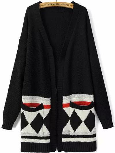 Romwe Geometric Print With Pockets Black Cardigan