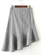 Romwe Asymmetrical Flared Hem Plaid Skirt
