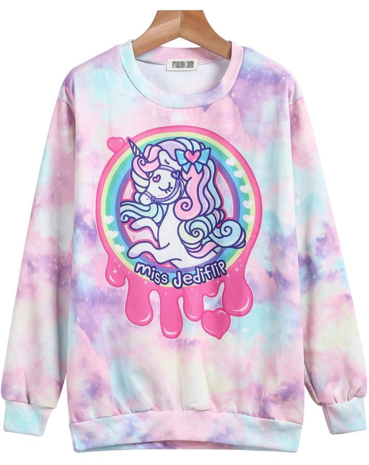 Romwe Pink Long Sleeve Horse Print Sweatshirt