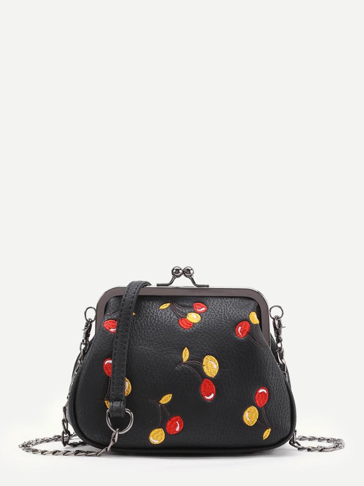 Romwe Cherry Embroidery Kiss Lock Crossbody Bag