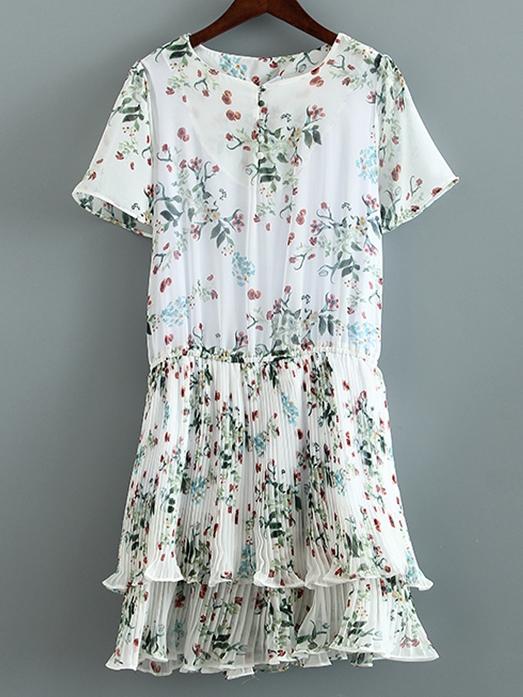 Romwe White Printed Broomstick Ruffle Chiffon Dress