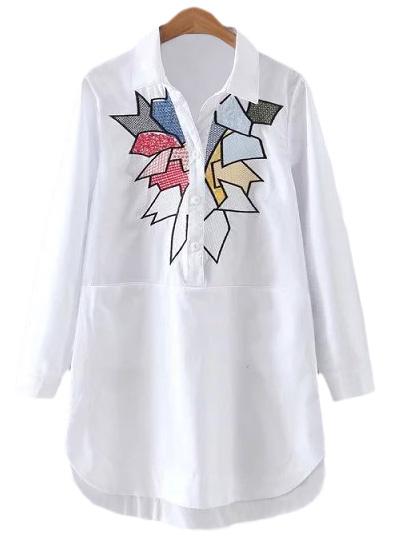 Romwe White Long Sleeve Pockets Geometric Embroidery Blouse