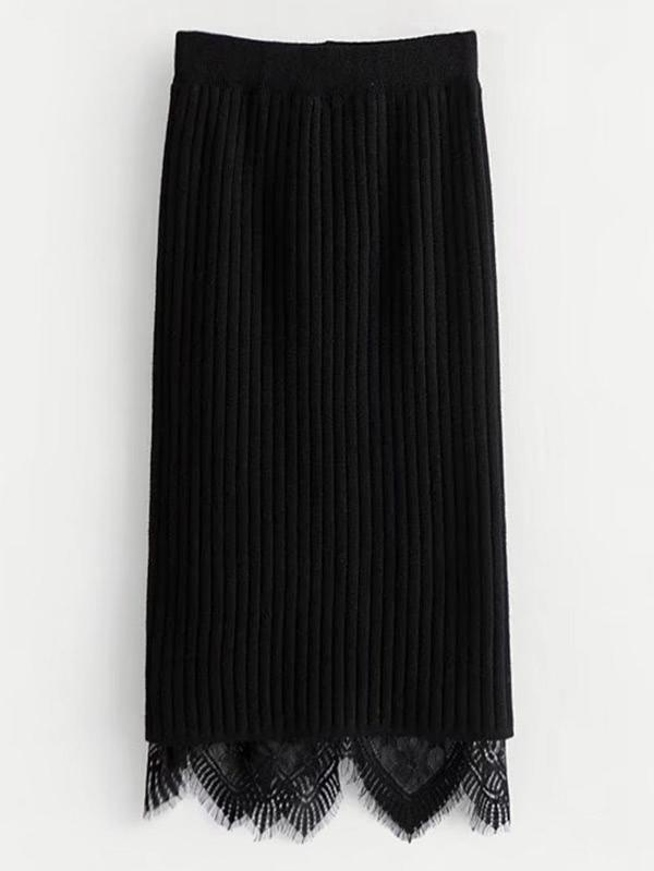 Romwe Scalloped Lace Hem Rib Knit Skirt