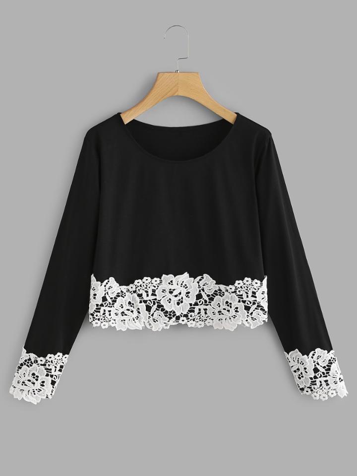Romwe Lace Trim Crop Tee