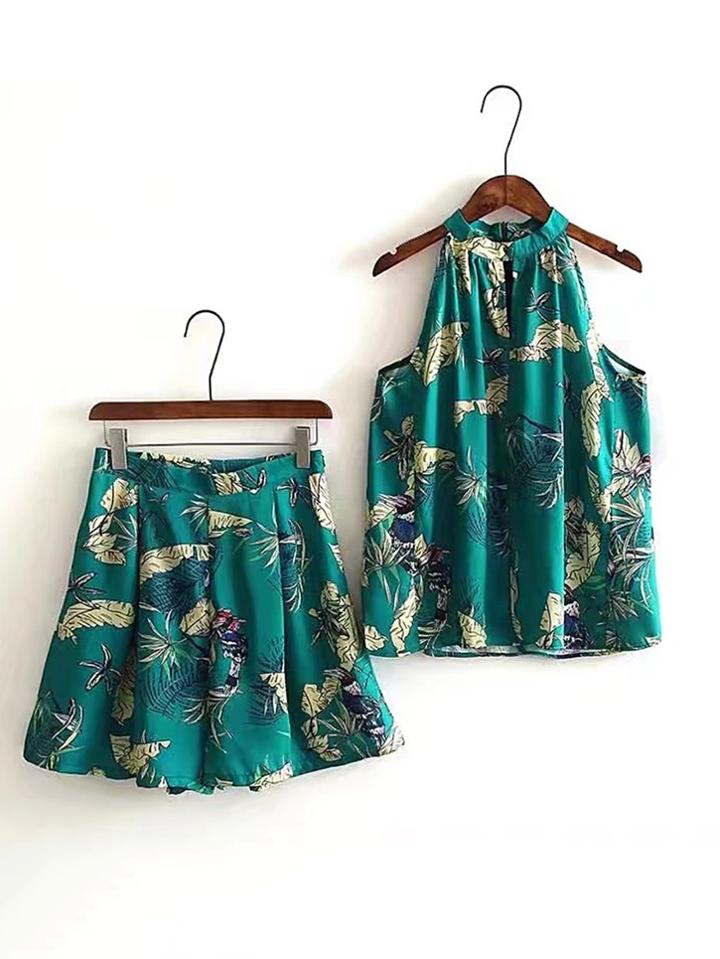 Romwe Floral Tank Top With High Waist Shorts