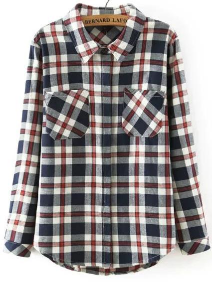 Romwe Lapel Checkered Pockets Blouse