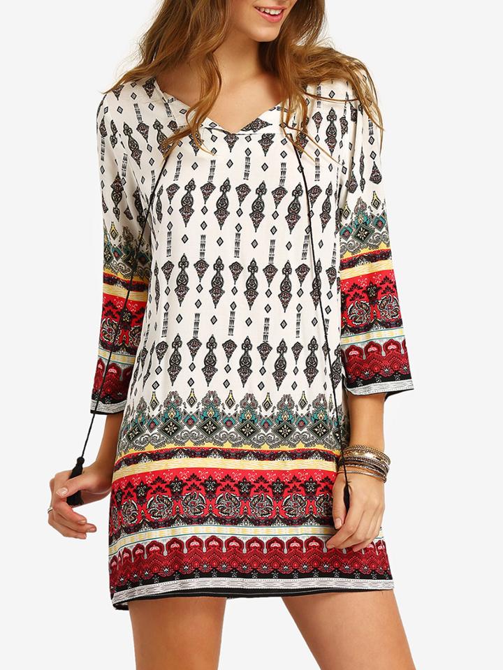 Romwe Multicolor Split Tie Neck Tribal Print Dress