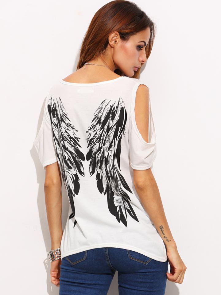 Romwe Ivory Open Shoulder Wings Print Back T-shirt