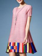 Romwe Pink Color Block Pleated Elastic Dress