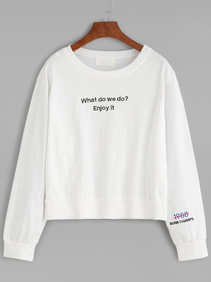 Romwe White Slogan And Number Embroidered Sweatshirt