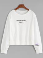 Romwe White Slogan And Number Embroidered Sweatshirt