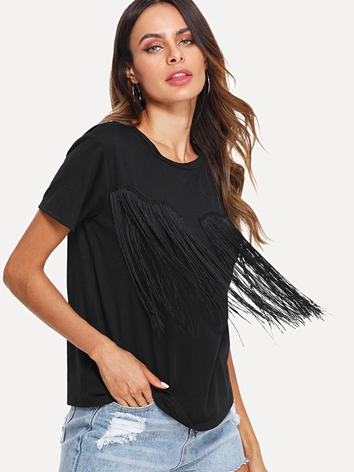 Romwe Fringe Embellished Solid Tee