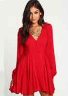 Romwe Red Long Sleeve V Neck Shift Dress