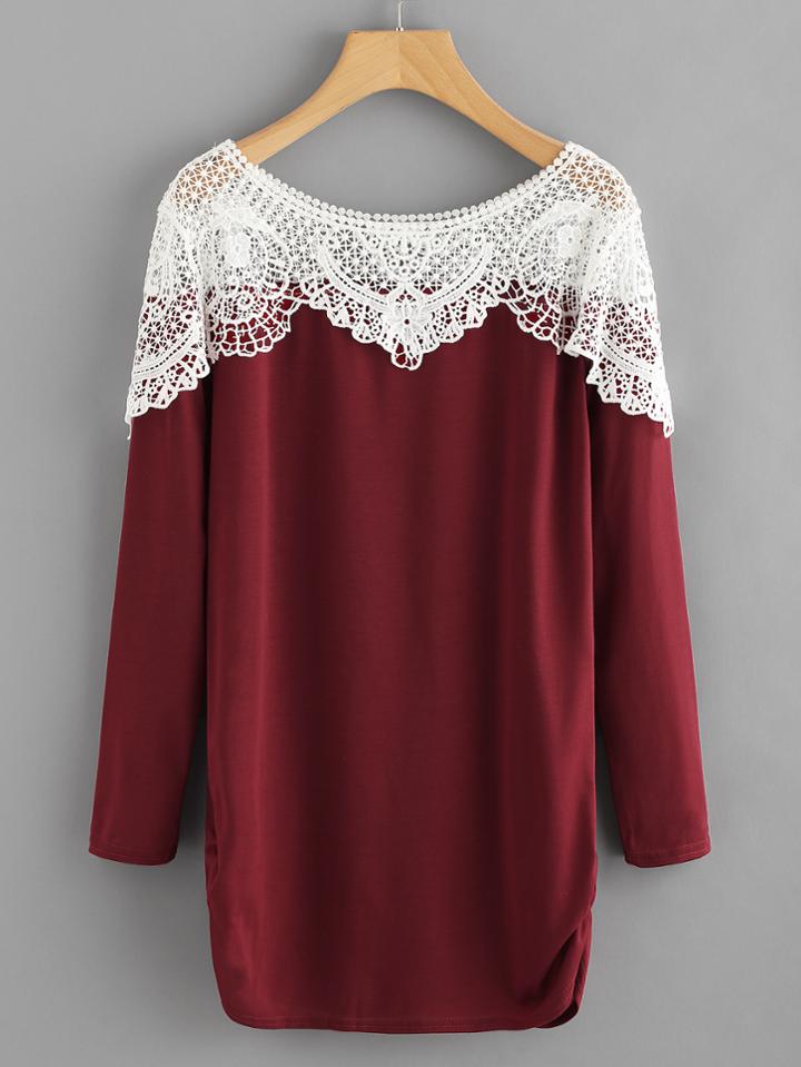 Romwe Contrast Hollow Out Crochet Long Tee