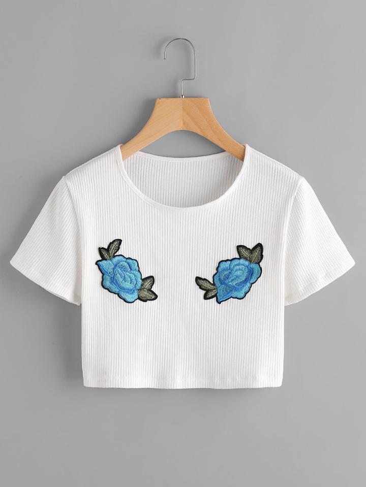 Romwe Rose Embroidered Applique Ribbed Tee