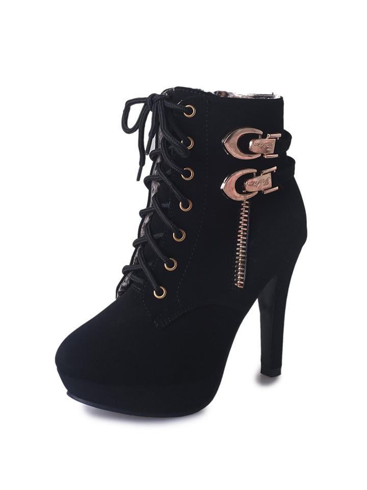 Romwe Double Zipper Side Lace Up Heels