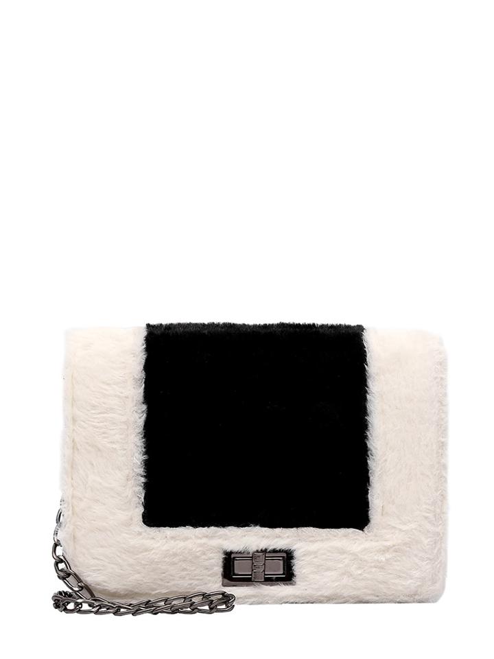 Romwe Faux Fur Overlay Twist Lock Chain Flap Bag