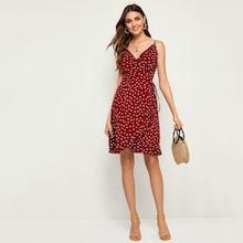 Romwe Polka Dot Wrap Self Tie Cami Dress