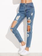 Romwe Blue Distressed Knees Ankle Jeans