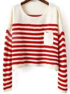 Romwe Round Neck Striped Pocket Red Beige Sweater