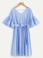 Romwe Double V Neck Tiered Bell Sleeve Gingham Dress