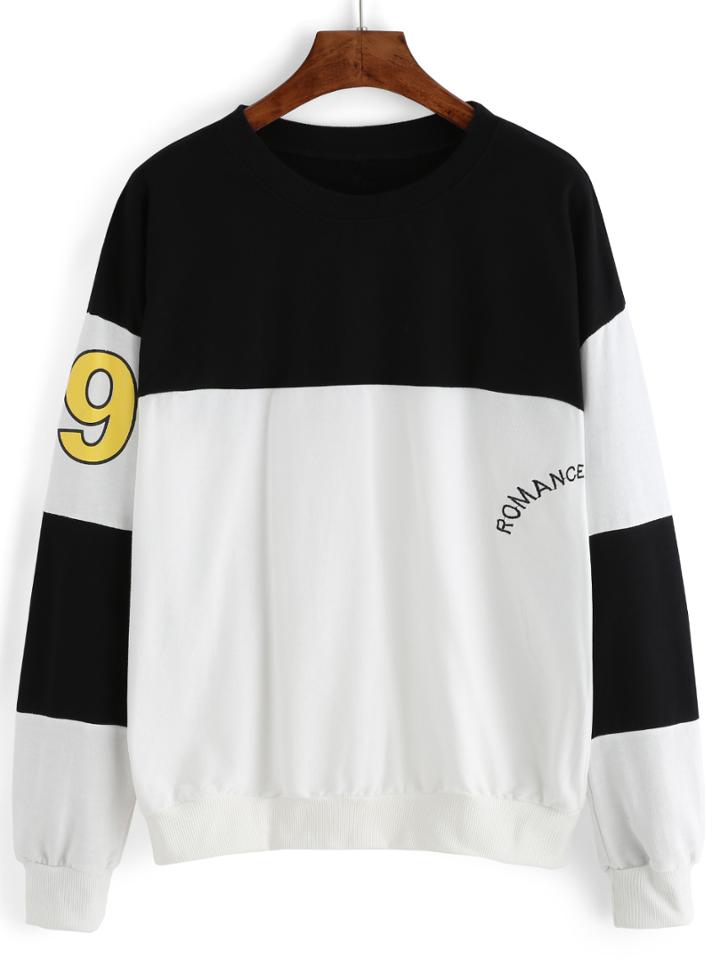 Romwe Letter Embroidered Black White Sweatshirt